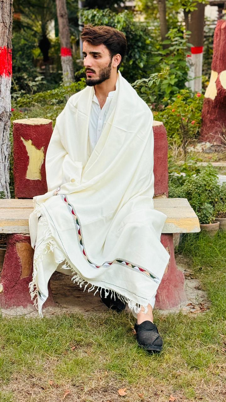 WOOL  SHAWL SINGLE BORDER BOSKI WHITE